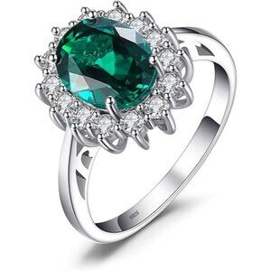 Sterling Silver-Created Emerald Princess Diana Class Birthstone Halo Ring